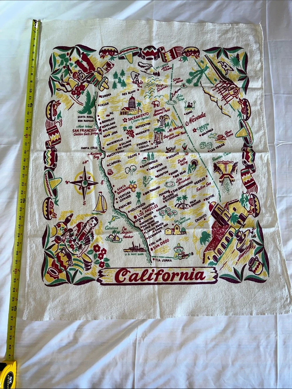 Vintage California State Linen Map Towel Table Cloth EUC